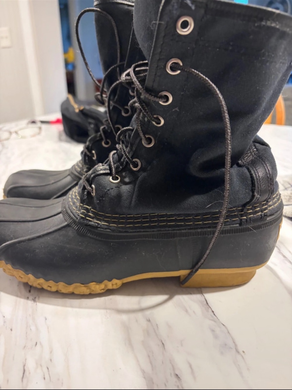 L.L. Bean Black Lace-Up Waterproof Duck Boots with Tan Soles